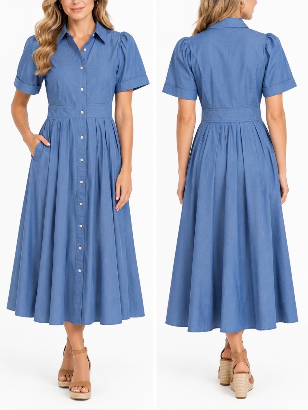 Alexis x Target blue cotton fit & flare midi dress, pockets button front XS